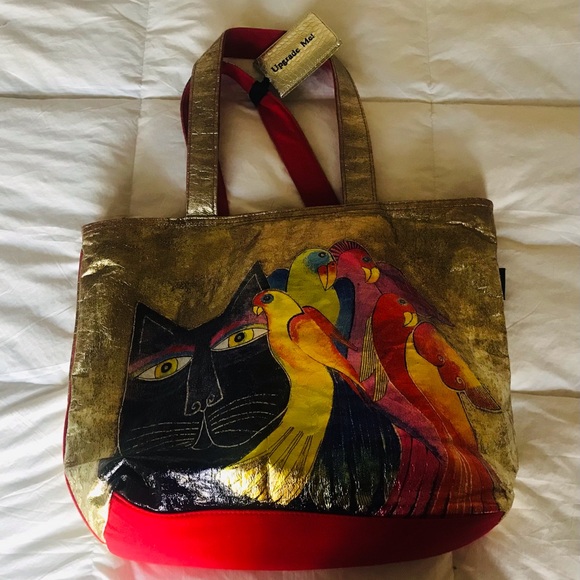 Laurel Burch Handbags - Laurel Burch Gold and Red Whimsical Cat and Parrot Print Tote Bag